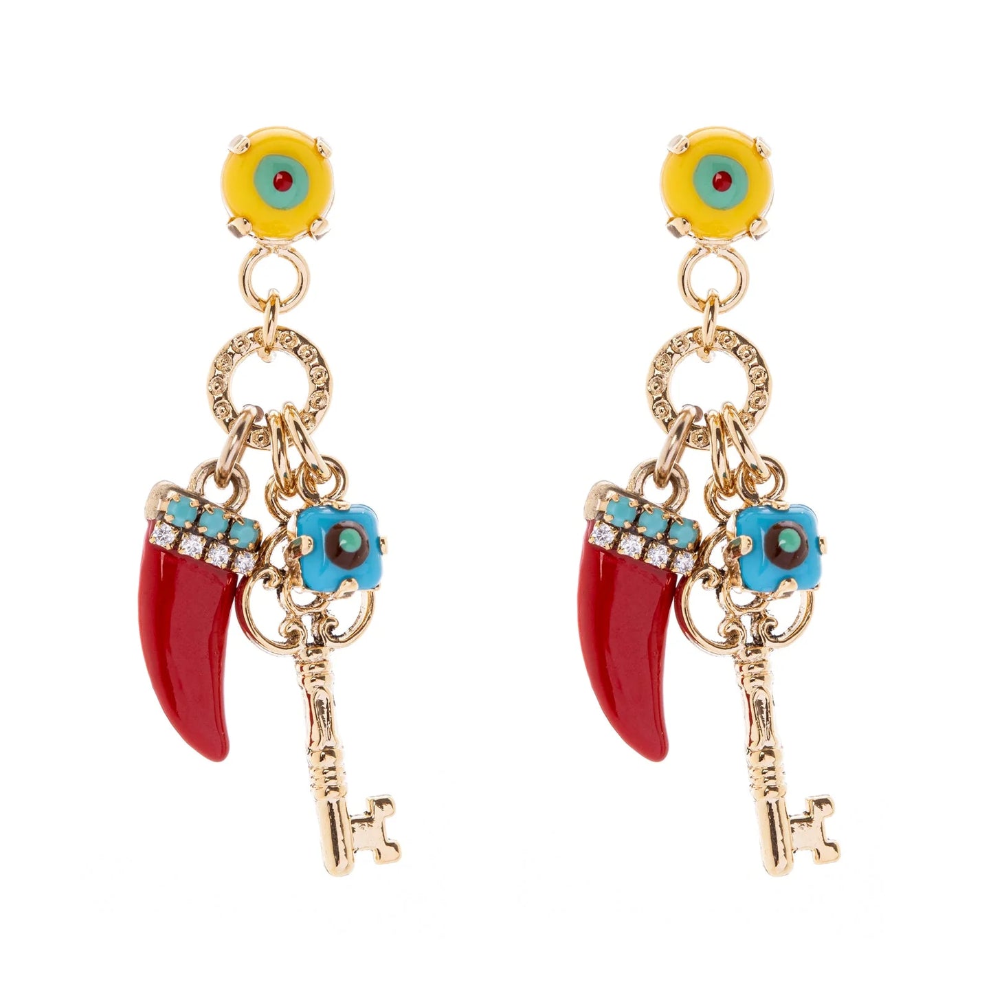 Orecchini con cabochon, chiave e cornetto Partenope - Rosso