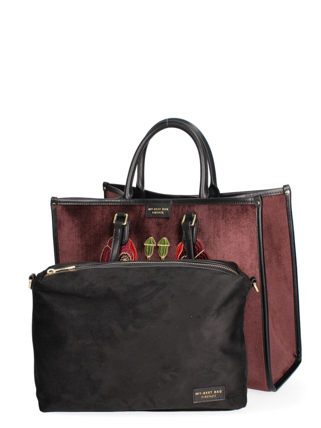 TOTE BAG VELLUTO E PELLE -BORDEAUX