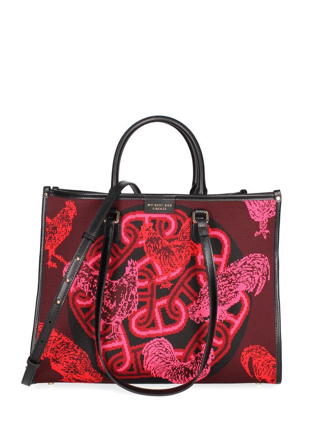 TOTE BAG TESSUTO E PELLE -ROSSA