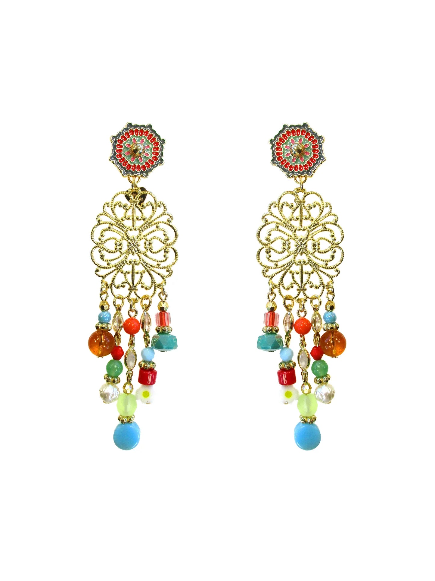 Orecchini pendenti chandelier con top smaltato e frangine con perline - Gipsy