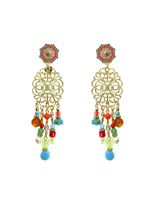 Orecchini pendenti chandelier con top smaltato e frangine con perline - Gipsy