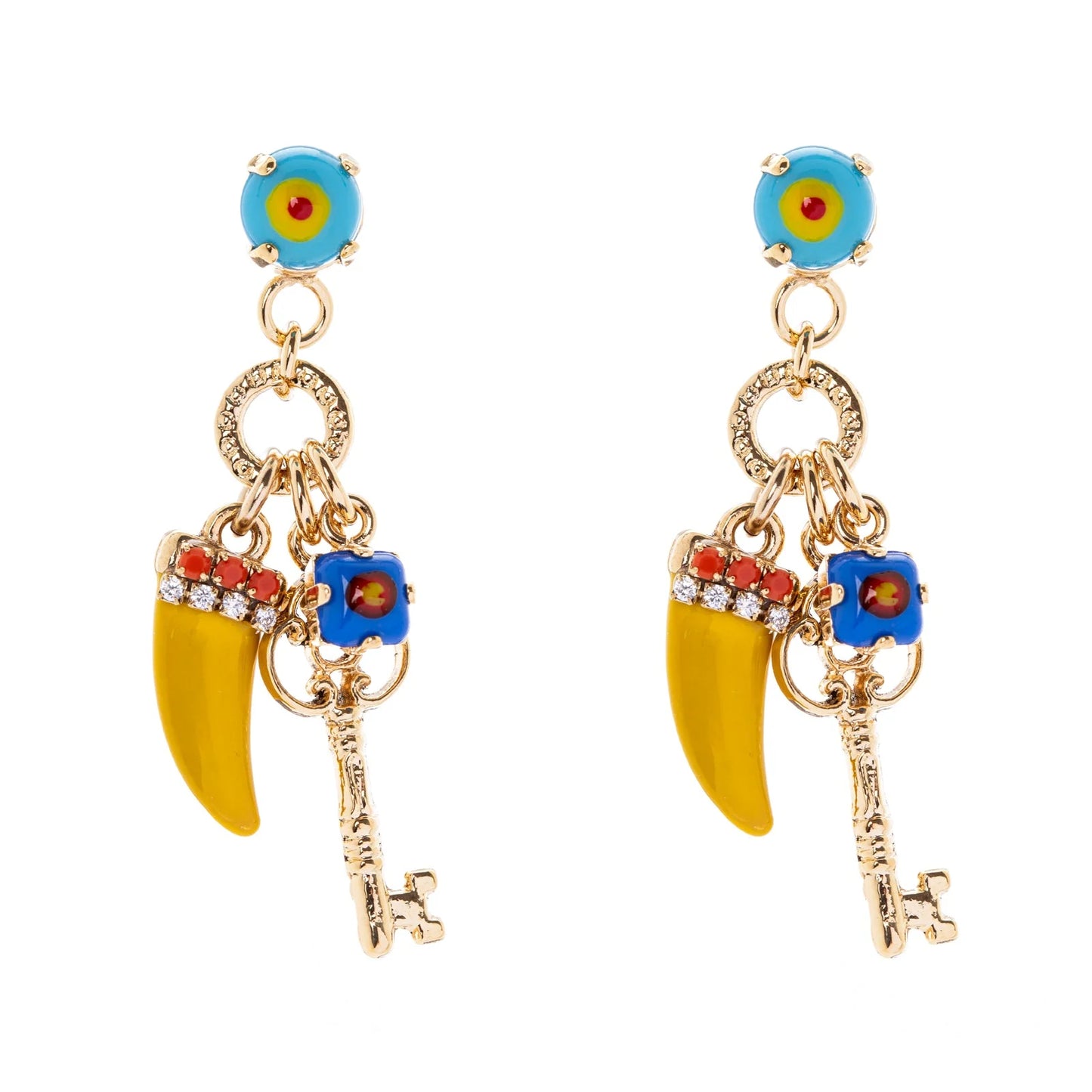 Orecchini con cabochon, chiave e cornetto Partenope - Giallo