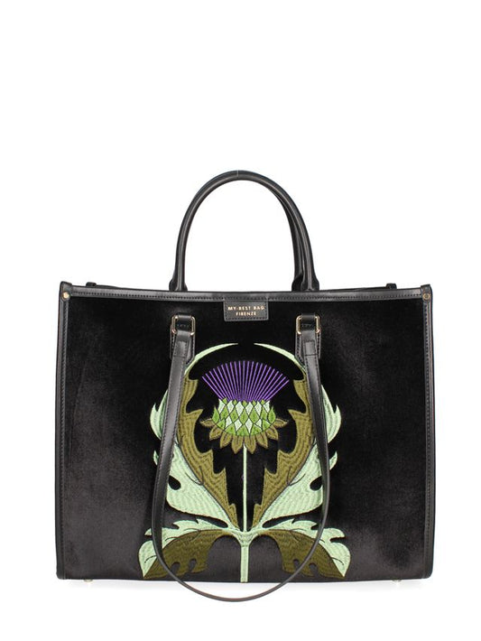 TOTE BAG VELLUTO E PELLE -NERO VERDE