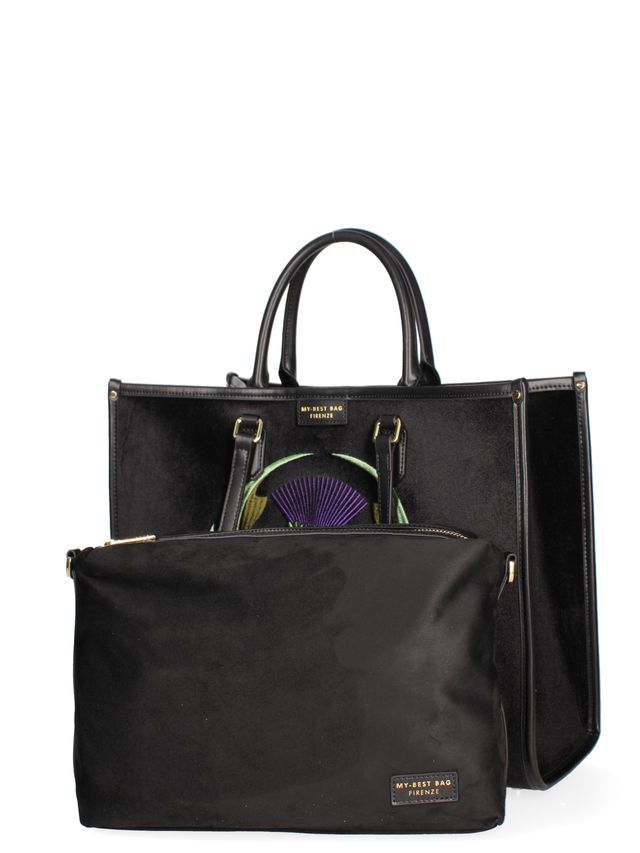 TOTE BAG VELLUTO E PELLE -NERO VERDE