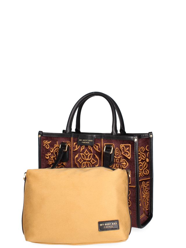 TOTE BAG VELLUTO E PELLE -Tabacco